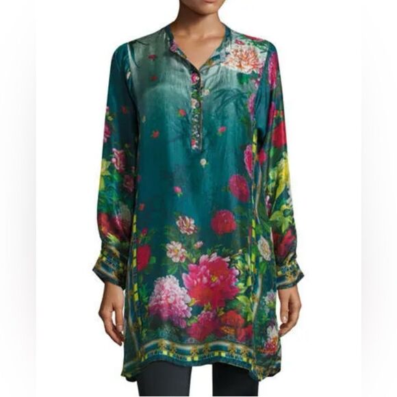 Johnny Was Heaven Long Floral Print Silk Tunic - Picture 2 of 12